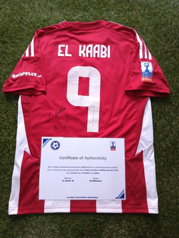 MATCH WORN SHIRT UNWASHED AND SIGNED COLLECTABLE FROM THE GOAL SCORER AND MVP OF THE GREEK FINAL  AYOUB EL KAABI OFI – OLYMPIAKOS 0-2 ( 17/05/25) COA FROM HELLENIC FOOTBALL FEDERATION - Image 2