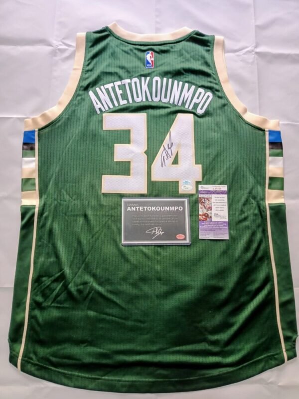 COLLECTABLE OFFICIAL ADIDAS MILWAUKEE BUCKS JERSEY FRAMED SIGNED BY THE 2X NBA MVP, 1X FINALS MVP GIANNI ANTETOKOUNMPO  COA JSA AND GIANNIS ANTETOKOUNMPO - Image 2