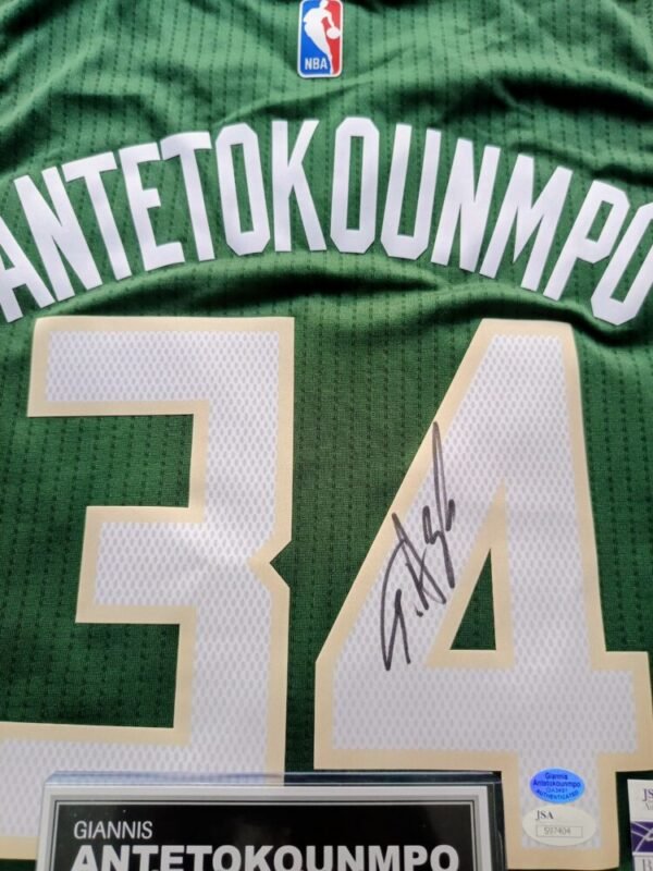 COLLECTABLE OFFICIAL ADIDAS MILWAUKEE BUCKS JERSEY FRAMED SIGNED BY THE 2X NBA MVP, 1X FINALS MVP GIANNI ANTETOKOUNMPO  COA JSA AND GIANNIS ANTETOKOUNMPO - Image 5