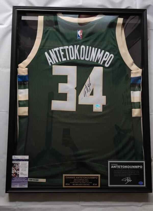 COLLECTABLE OFFICIAL ADIDAS MILWAUKEE BUCKS JERSEY FRAMED SIGNED BY THE 2X NBA MVP, 1X FINALS MVP GIANNI ANTETOKOUNMPO  COA JSA AND GIANNIS ANTETOKOUNMPO - Image 9