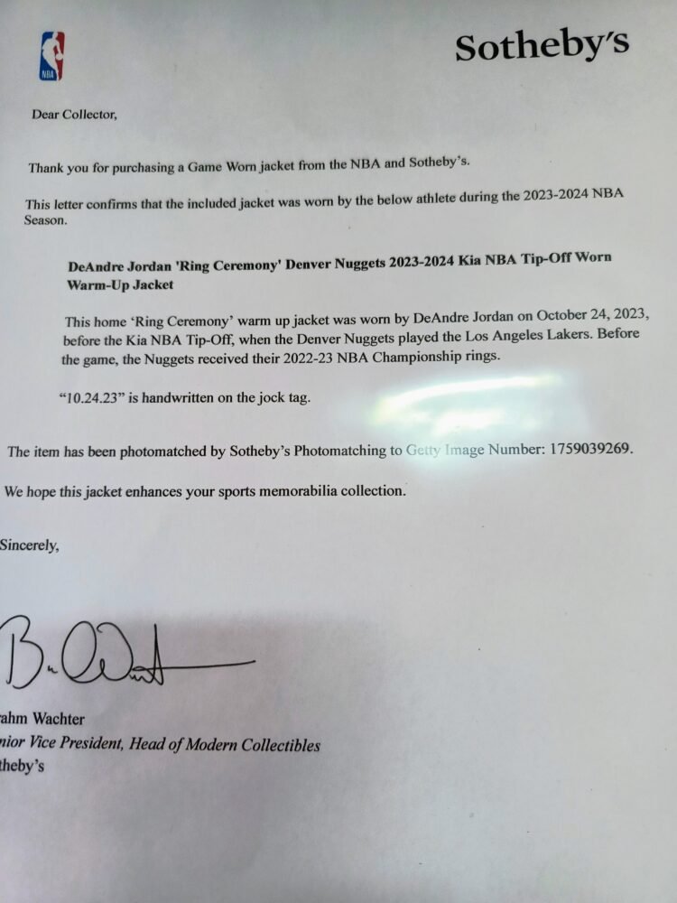 COLLECTABLE ONE OFF WORN JACKET “RING CEREMONY” DE ANDRE JORDAN BEFORE THE GAME DENVER – L.A LAKERS (24/10/23) COA NBA, PHOTOMACHED - Image 4