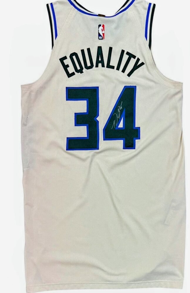 COLLECTABLE MATCH ISSUED SHIRT FRAMED 61cm X 81cm AND SIGNED BY THE 2X NBA MVP, 1X FINALS MVP GIANNI ANTETOKOUNMPO HOUSTON ROCKETS – MILWAUKEE BUCKS 120-116 ( 03/08/20) COA GREY FLANNEL AND LOA JSA - Image 2