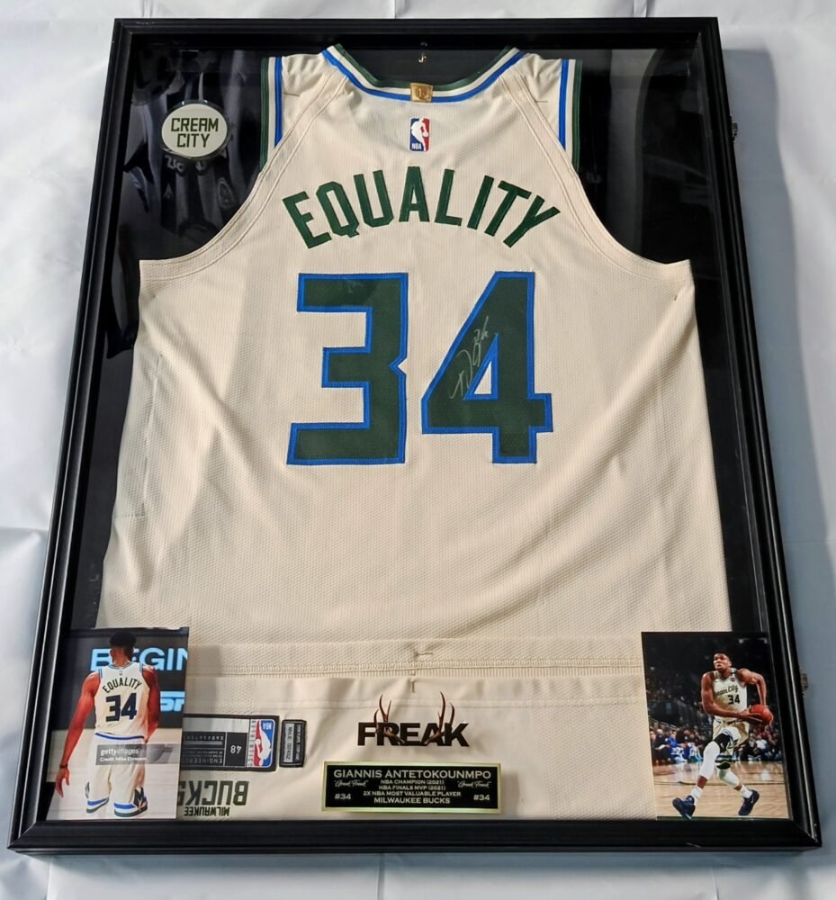 COLLECTABLE MATCH ISSUED SHIRT FRAMED 61cm X 81cm AND SIGNED BY THE 2X NBA MVP, 1X FINALS MVP GIANNI ANTETOKOUNMPO HOUSTON ROCKETS – MILWAUKEE BUCKS 120-116 ( 03/08/20) COA GREY FLANNEL AND LOA JSA - Image 8