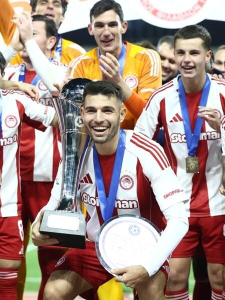 MATCH ISSUED OR WORN SHIRT AND SIGNED OF THE GOAL SCORER AND MVP OF THE GAME  ALEXANDROS KALOGEROPOULOS OLYMPIAKOS - OFI 3-0 (03/01/26) SUPER CUP - COA BY EPO