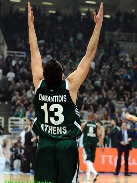 COLLECTABLE CUSTOM LV BASKETBALL ON PLEXIGLASS DISPLAY SIGNED BY THE LEGEND OF PANATHINAIKOS AND GREEK NATIONAL TEAM DIMITRI DIAMANTIDI