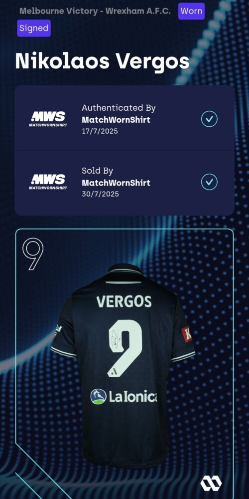 NIKOS VERGOS – MELBOURNE VICTORY – MATCH-WORN AND SIGNED JERSEY – MELBOURNE VICTORY vs WREXHAM (11/07/2025, 0-3) – FRIENDLY MATCH - Image 2